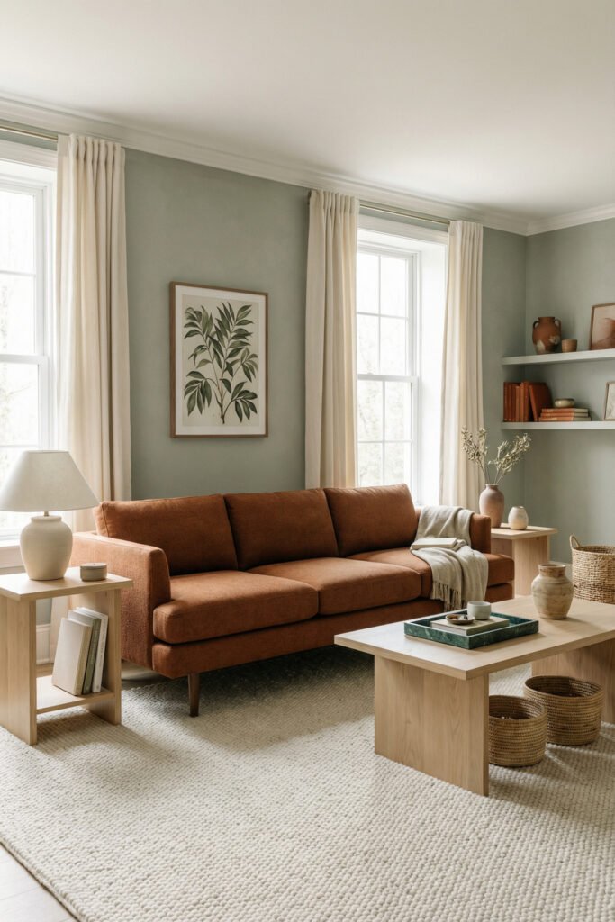 Green Burnt Orange Living Room Ideas With Rich, Easy Style 3 Rust sofa against soft sage walls with cream curtains, pale wood tables and botanical art in an airy green and burnt orange living room