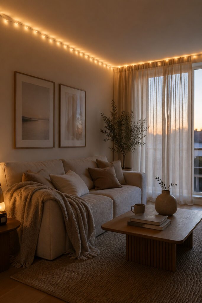 Neutral apartment living room with warm string lights along the ceiling, sheer curtains, plush sofa, and soft evening glow.

