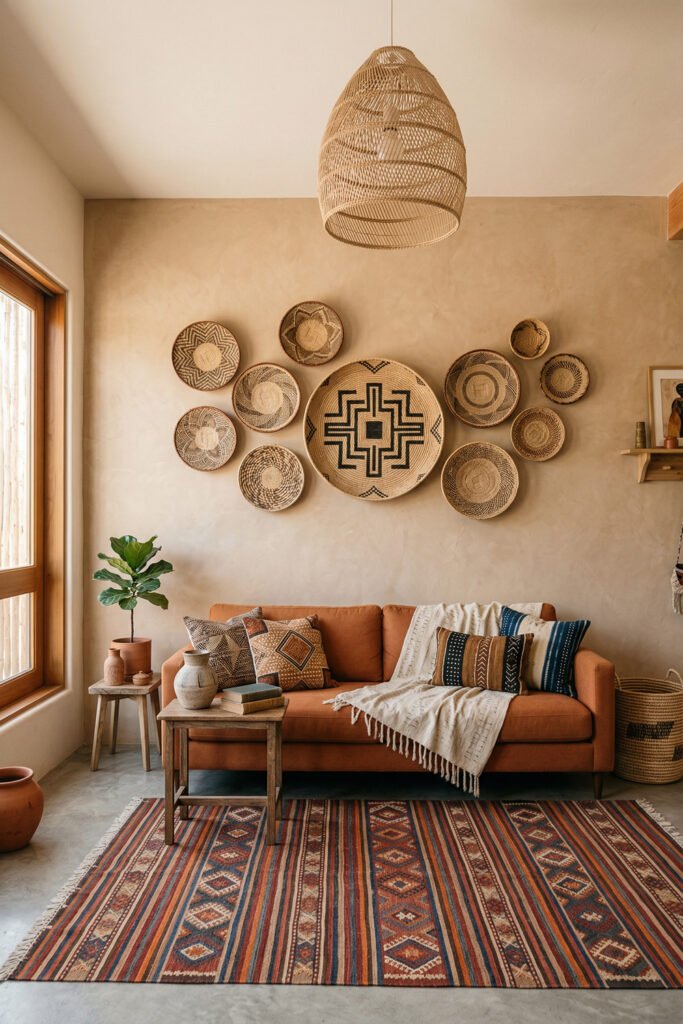 Warm living room with woven basket wall decor, rust sofa, kilim rug, pendant light, and layered pillows creating an earthy Afro Boho feel.

