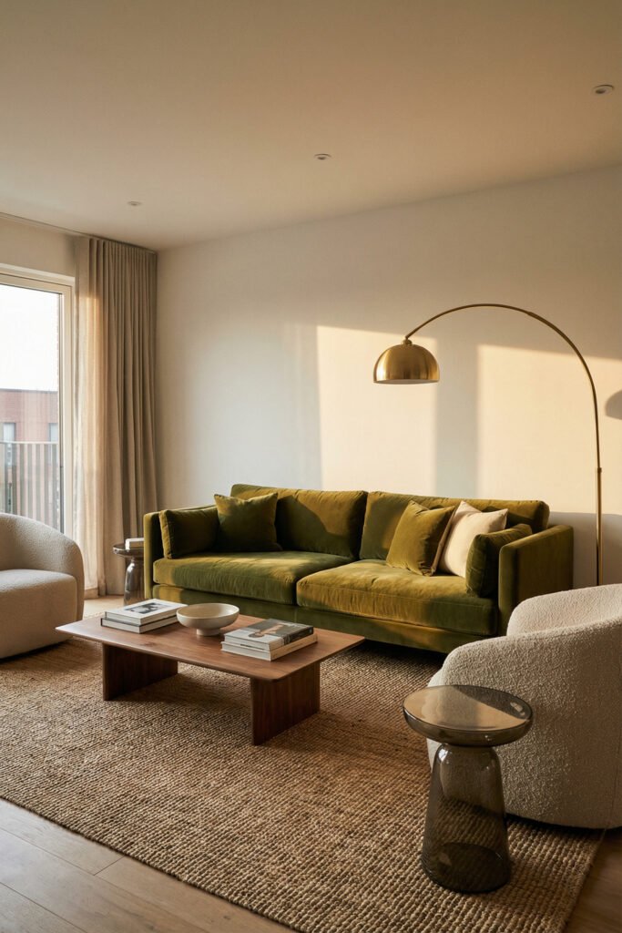 Olive Green Decor Ideas For A Layered Living Room 4 Modern living room with an olive velvet sofa, boucle chairs, brass arc lamp, woven rug, and warm wood table styled with olive green decor.