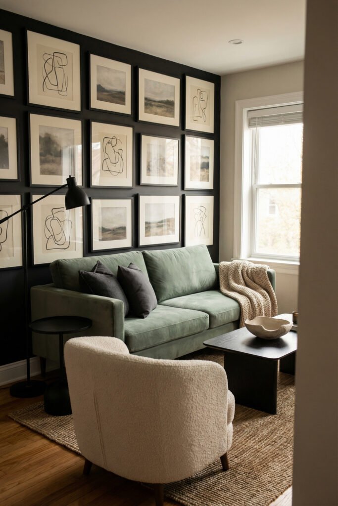 Sage Green And Black Living Room Ideas for a Layered Look 3 Cozy sitting room with a sage green sofa, black gallery wall, ivory accent chair, black side table, and natural rug in a modern layered layout.