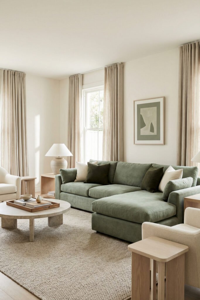 Sage Green Lounge Ideas for a Calm, Collected Living Room 3 Bright living room with soft sage sectional, boucle chairs, beige curtains, round stone coffee table, and creamy textures in a calm modern palette.