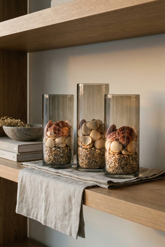 Three smoky glass vases layered with shells and pebbles on a shelf with linen runner, books, and stone bowl for a modern seashell display.
