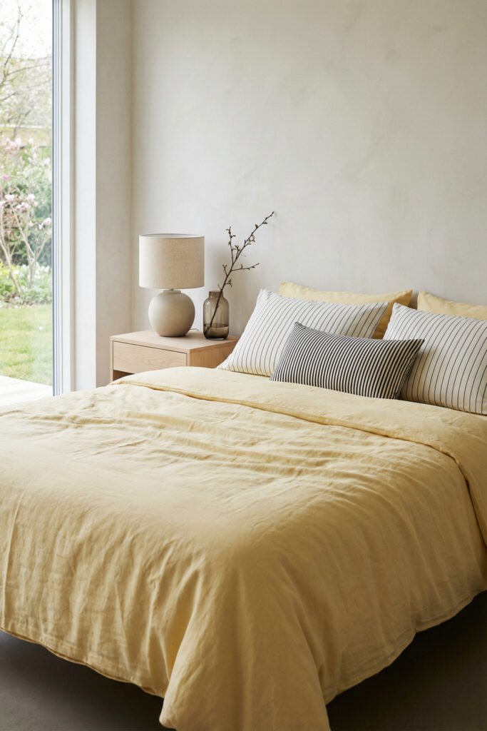 Spring Bedding Ideas for a Lighter, Fresher Bedroom 3 Soft yellow linen bedding with striped accent pillows, a light wood nightstand, and a neutral lamp creates an easy, sun-washed spring bedroom look.