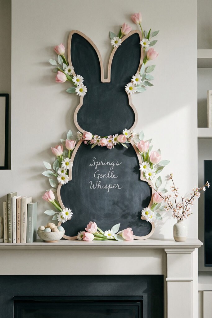 Spring Chalkboard Ideas That Feel Fresh and Easy to Style 2 Bunny-shaped chalkboard on a mantel decorated with tulips, daisies, pastel eggs, and “Spring’s Gentle Whisper” lettering for whimsical spring chalkboard ideas.