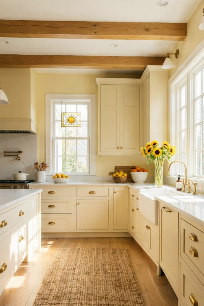 Sunny cream kitchen with wood ceiling beams, brass hardware, woven rug, fruit bowls, and sunflowers by the farmhouse sink for warm spring kitchen décor
