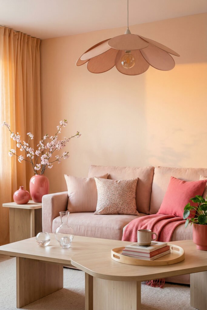Blush-toned living room with pink sofa, floral pillows, peach curtains, cherry blossom branches, and a petal pendant light for cheerful spring living room décor.
