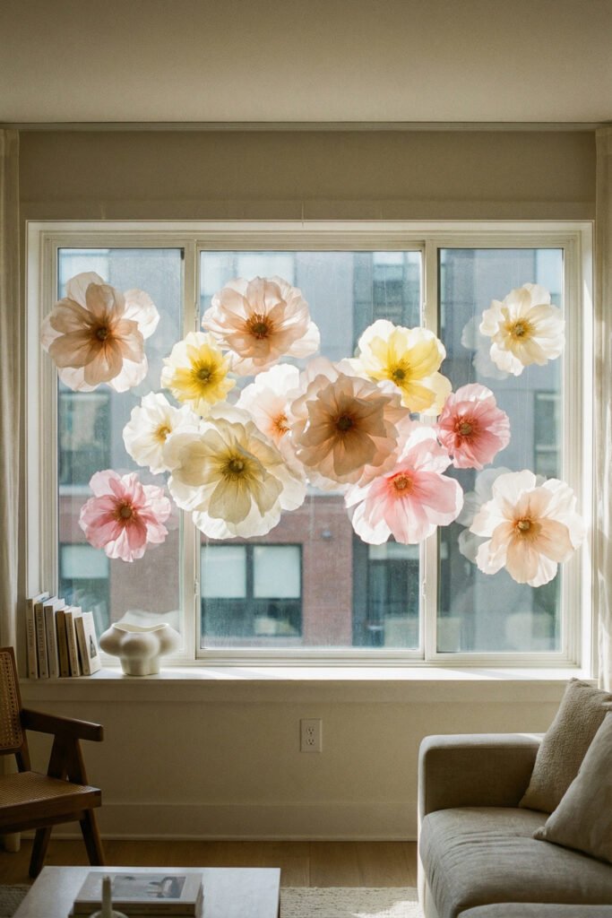 Spring Window Display Ideas For A Light-Filled Season 3 Oversized paper flowers suspended across a bright living room window, creating a soft pastel spring window display with airy seasonal charm.