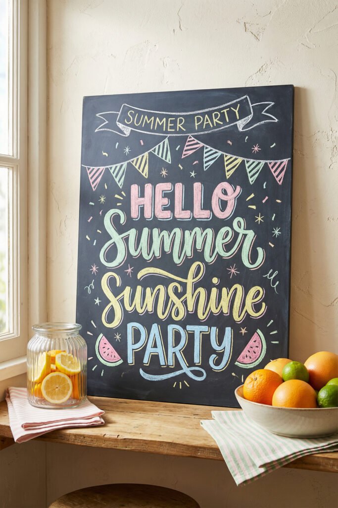 Summer Chalkboard Ideas That Brighten Every Corner 3 Colorful chalkboard party sign reading Hello Summer Sunshine Party beside citrus bowls and lemon water on a rustic table.