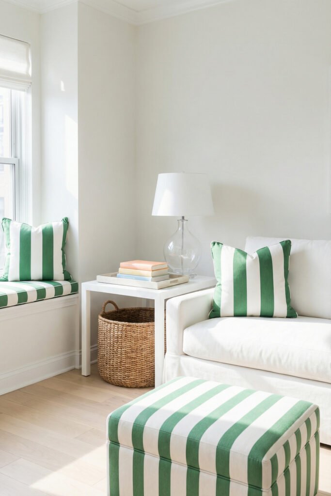 Summer Décor Ideas for an Airy, Collected Home 3 White sitting area with green striped pillows, matching ottoman, window seat, clear lamp, and woven basket for crisp, preppy summer decor.