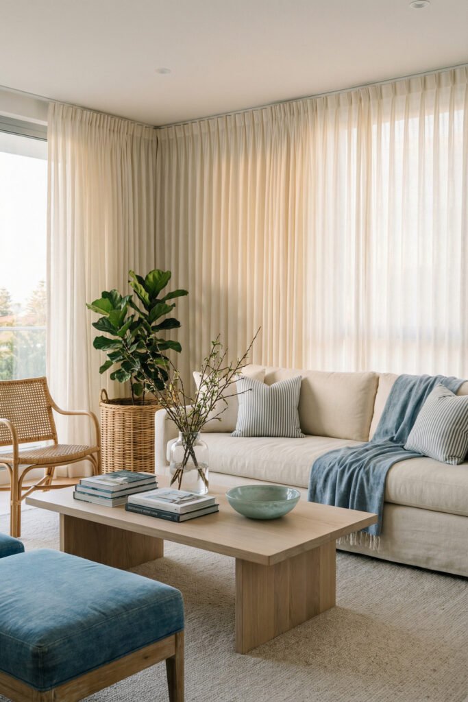 Cream sectional with blue striped pillows, soft throw, woven chair, and full sheer curtains in a bright, layered summer living room.
