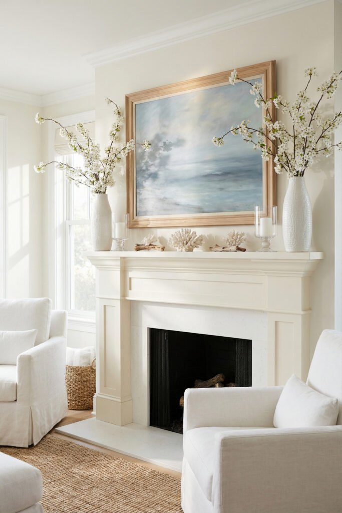Soft coastal mantel with ocean artwork, white vases of flowering branches, coral accents, and candles in a bright neutral living room for serene summer mantle décor.

