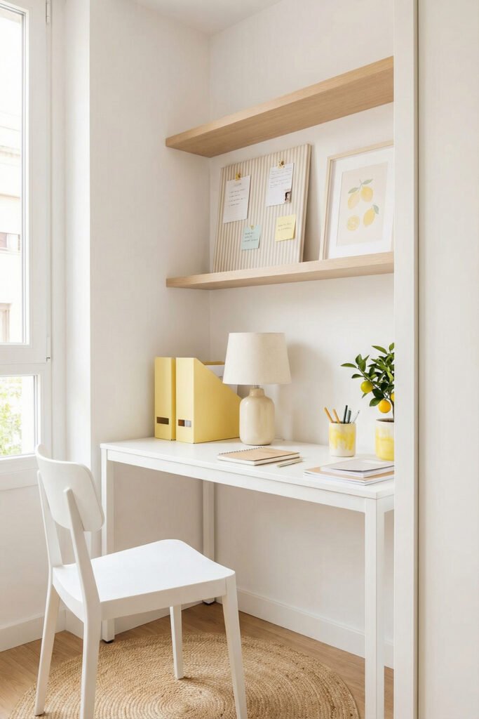 Compact white desk with floating shelves, yellow organizers, lemon accents, and round jute rug in a bright nook styled with Summer Office Decor ideas.
