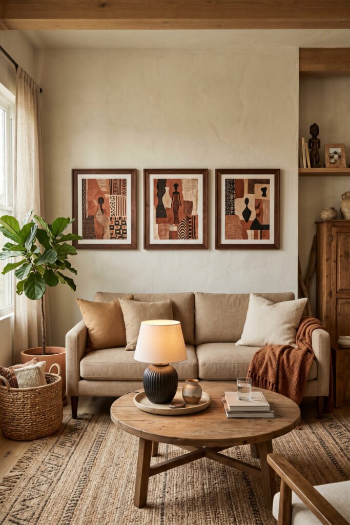 Earthy living room with three abstract Afro Art prints above a beige sofa, rustic wood coffee table, textured rug, lamp, and warm brown accents
