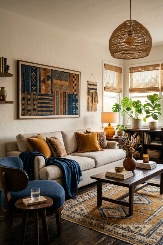 Neutral sofa with ochre and blue pillows, patchwork textile wall art, woven pendant, amber lamp, and layered rug in a cozy Afro Boho Decor living room.
