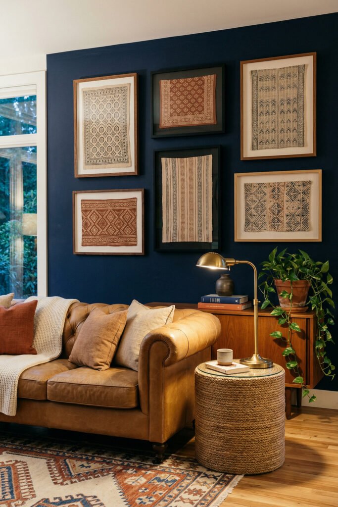 Caramel leather sofa beside a navy accent wall with framed textile art, brass lamp, woven side table, and trailing plant.
