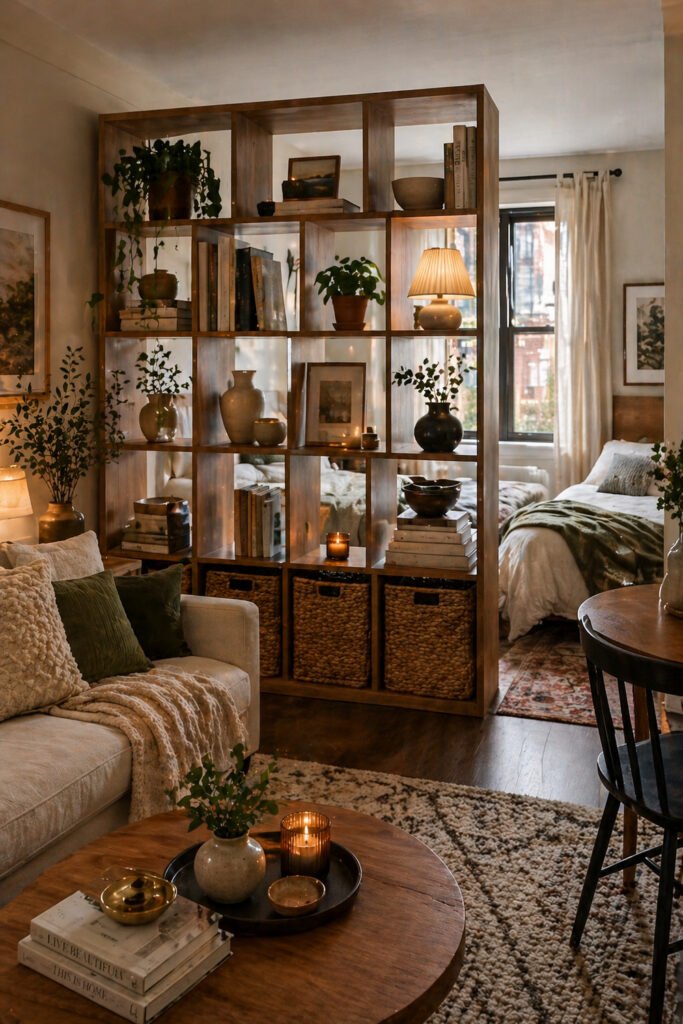 Wood room divider styled with plants, books, baskets, candles, and a cozy bedroom beyond for apartment vibes decor ideas
