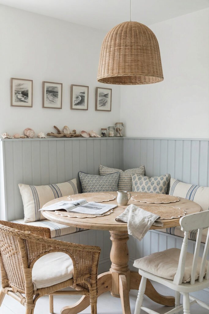 Beach Cottage Decor That Feels Fresh for Summer 4 Corner breakfast nook with pale beadboard walls, round wood table, wicker chair, layered blue and cream pillows, and breezy beach cottage decor.
