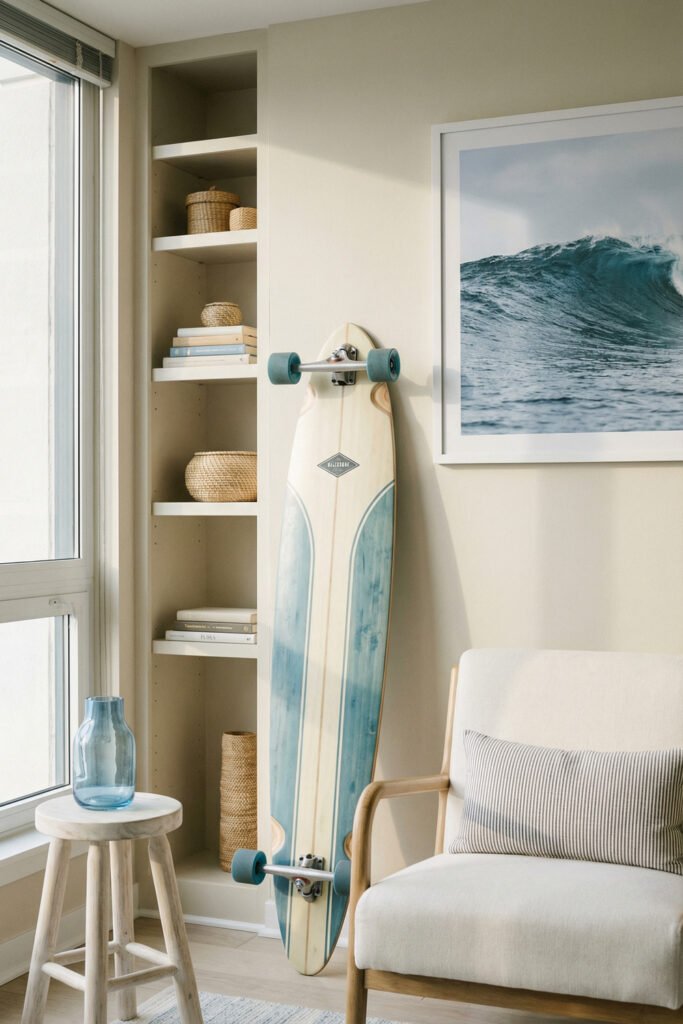 Coastal Summer Aesthetic Ideas for a Breezy Apartment 4 Sunny sitting area with a longboard, wave artwork, built-in shelves, pale wood stool, blue glass vase, and lounge chair in a coastal summer aesthetic.