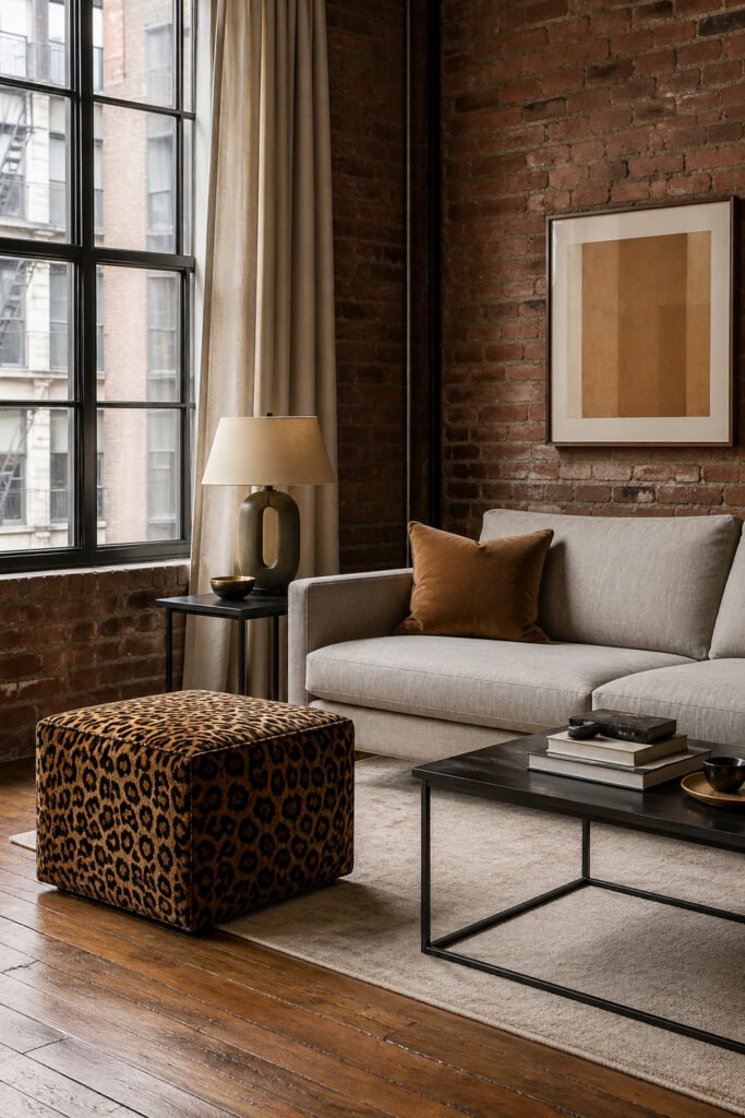 Loft apartment living room with exposed brick, leopard ottoman, beige sofa, black coffee table, and stylish decor ideas with personality
