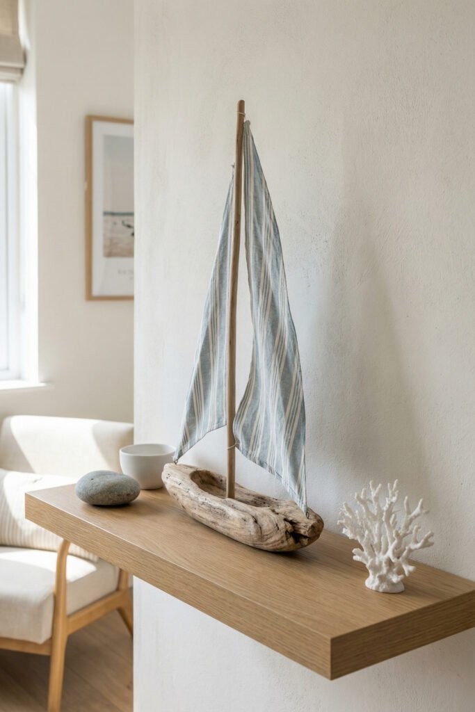 Diy Beach Decor That Feels Fresh for Summer 5 Driftwood sailboat with striped pale blue sails on a wood shelf beside white coral and stone, relaxed DIY beach decor accent.