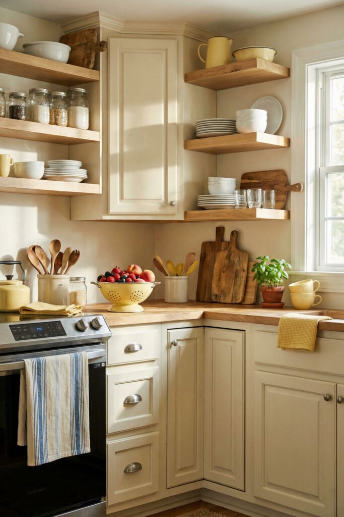 Cream kitchen with floating wood shelves, stacked dishes, yellow accents, fruit bowl, wood cutting boards, and basil for warm farmhouse summer decor.
