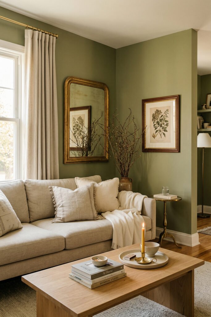 Green And Gold Room Ideas For A Stylish Living Room 5 Sage green corner with linen sofa, vintage gold mirror, framed botanical print, brass side table, and soft neutral styling.