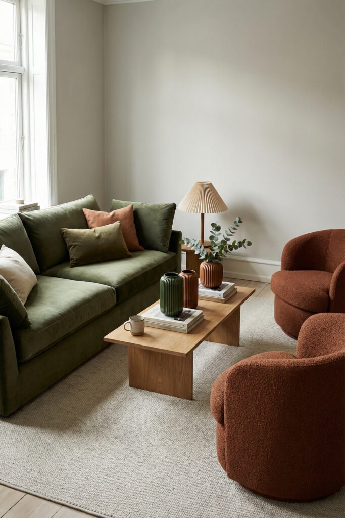 Minimal green and rust living room with a green sofa, rust accent chairs, pleated lamp, wood coffee table, and simple styling on a cream rug.
