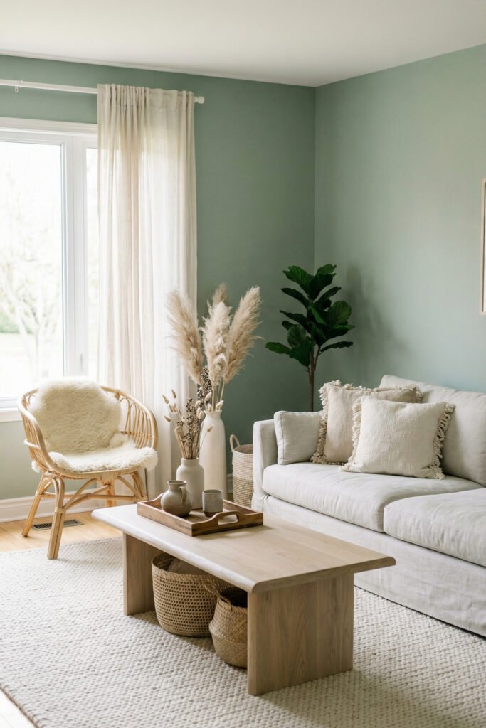 Green Boho Living Room Ideas With Relaxed Style 5 Airy green boho living room with mint wall, white sofa, wicker chair, pampas stems, woven baskets, and light wood coffee table.