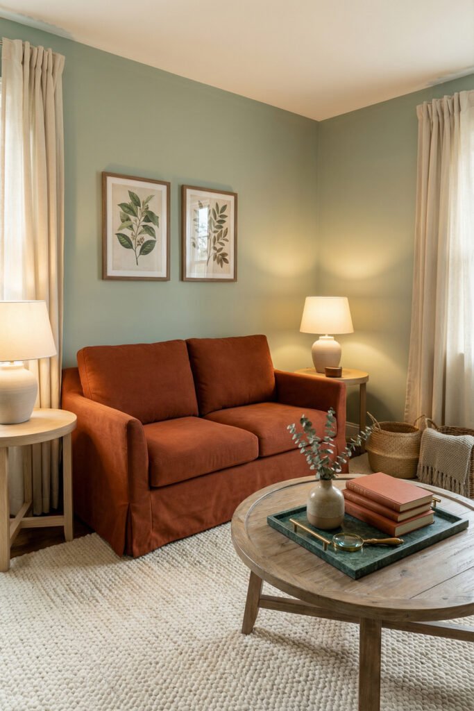 Green Burnt Orange Living Room Ideas With Rich, Easy Style 4 Burnt orange loveseat, sage walls, cream curtains, round wood coffee table and botanical prints in a cozy green burnt orange living room