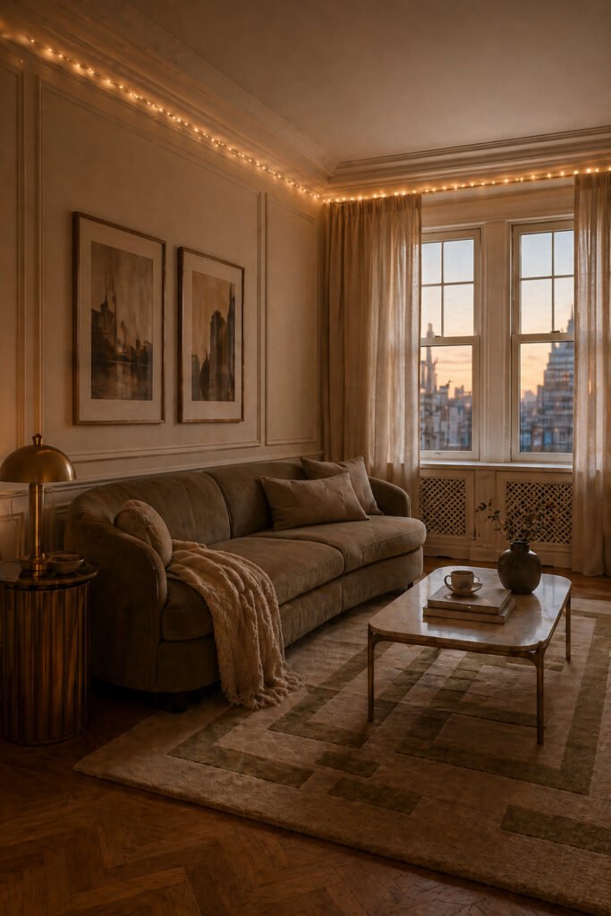 Elegant living room with crown molding, warm fairy lights, framed art, gold lamp, and city windows for cozy ambient lighting.
