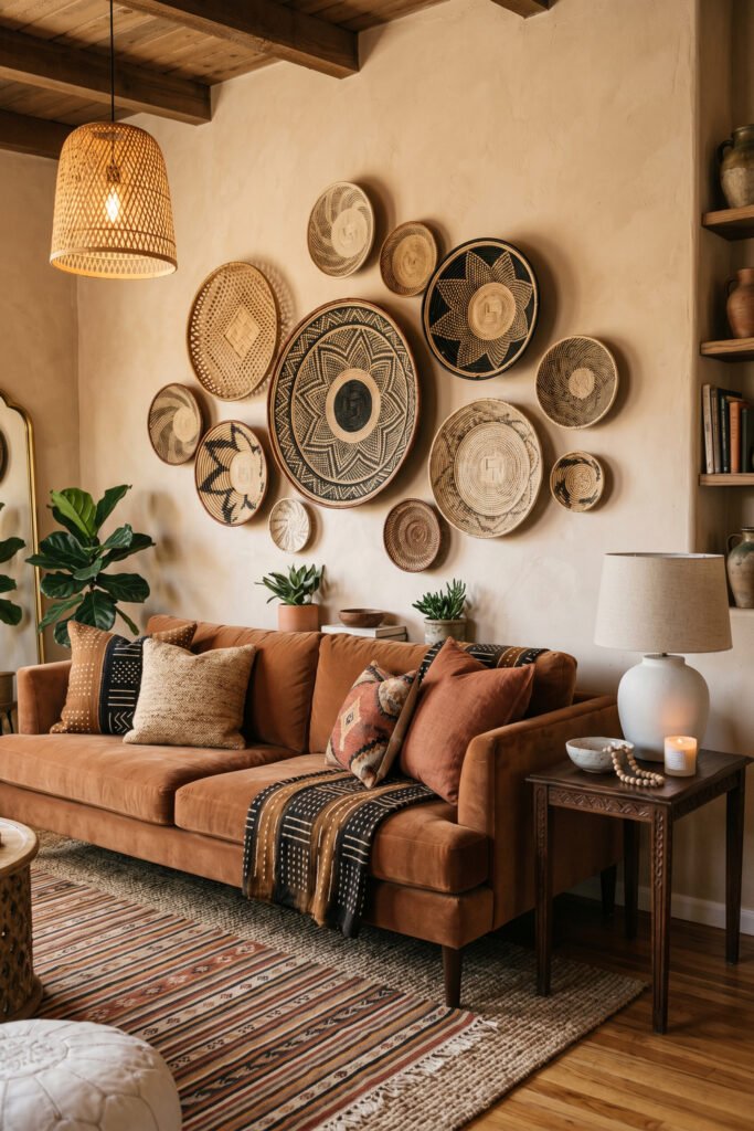 Moody living room with rust velvet sofa, woven basket gallery wall, warm lamps, striped rug, and layered textiles in a cozy Nubian Style setting.
