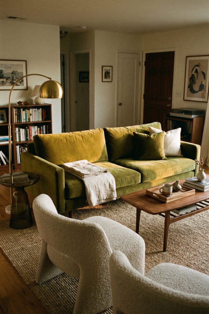 Olive Green Decor Ideas For A Layered Living Room 5 Cozy traditional living room with olive sofa, brass lamp, bookshelves, boucle chairs, and a textured rug for layered olive green decor ideas.