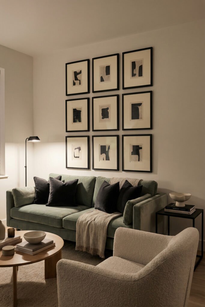 Sage Green And Black Living Room Ideas for a Layered Look 4 Minimal living room with a sage sofa, black framed art grid, ivory accent chair, black floor lamp, and pale wood coffee table with soft neutral styling.