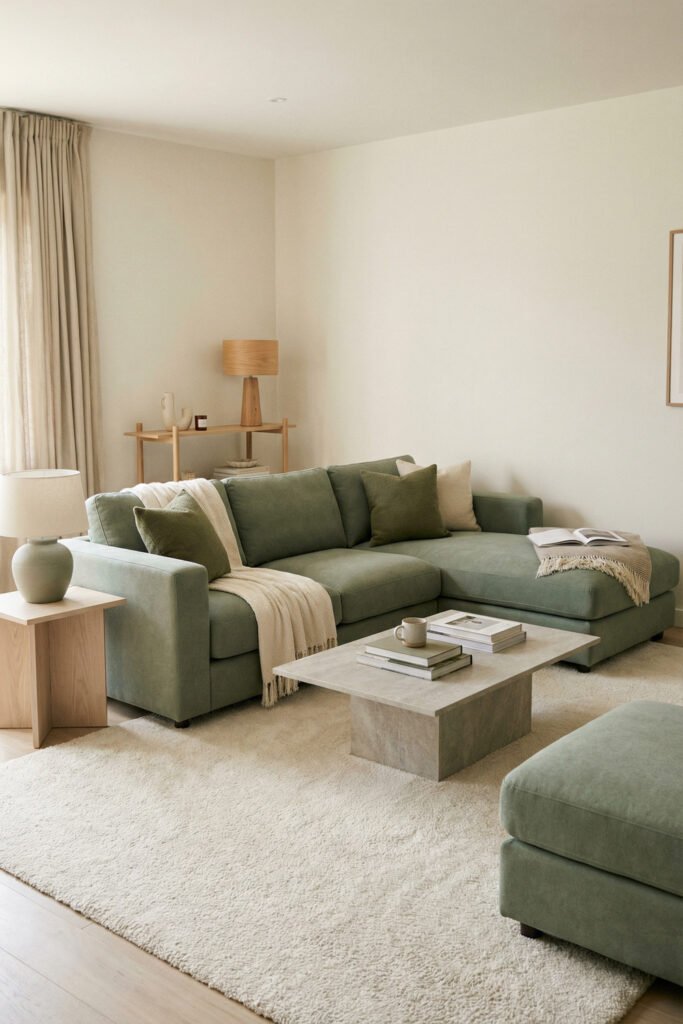 Sage Green Lounge Ideas for a Calm, Collected Living Room 4 Minimal lounge with a sage green sectional, plush ivory rug, stone coffee table, and simple wood accents for a soft, understated living room look.
