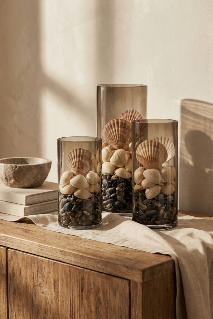 Smoky glass cylinders filled with shells and dark pebbles styled on a rustic wood sideboard in warm light, a moody neutral seashell display.
