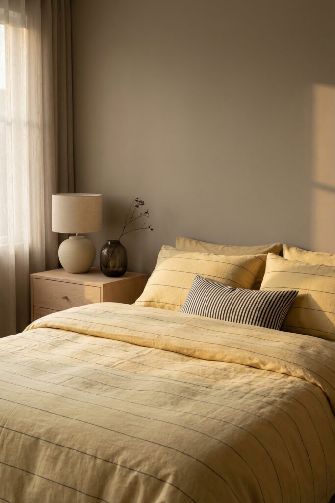 Spring Bedding Ideas for a Lighter, Fresher Bedroom 4 Golden hour bedroom with muted yellow striped bedding, layered pillows, and warm natural textures for cozy yet understated spring bedding inspiration.