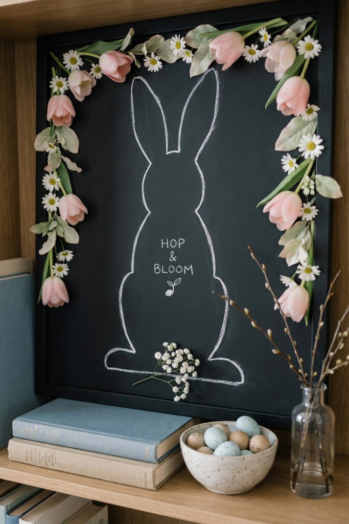 Spring Chalkboard Ideas That Feel Fresh and Easy to Style 3 Black framed chalkboard with white bunny outline, pink tulips, daisies, and “Hop & Bloom” on a styled shelf with books and pastel eggs.