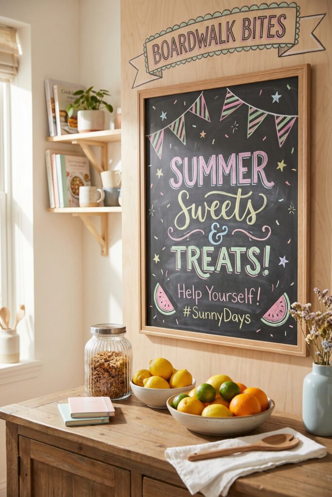 Summer Chalkboard Ideas That Brighten Every Corner 4 Framed chalkboard dessert station sign reading Summer Sweets & Treats with bunting and watermelon accents above bowls of citrus.