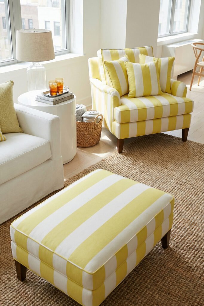 Summer Décor Ideas for an Airy, Collected Home 4 Sunny living room with yellow striped armchair and ottoman, white seating, jute rug, and side table for cheerful summer decor.