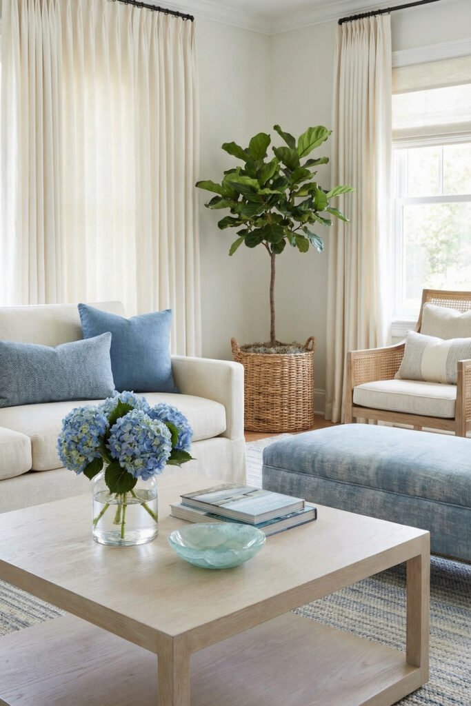 Fresh living room with blue hydrangeas, pale blue ottoman, cream sofa, woven chair, and airy curtains for polished Summer Living Room Decor.

