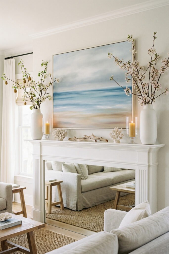 Mirror fireplace mantel with beachy art, white vases, coral, candles, and flowering branches creating airy coastal summer mantle décor in a neutral living room.
