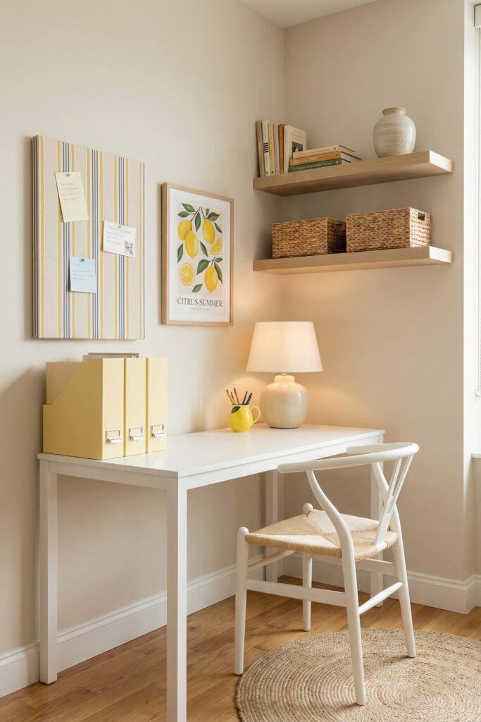 White writing desk with yellow binders, citrus wall art, woven baskets, and warm lamp creating cheerful Summer Office Decor in a small corner office.
