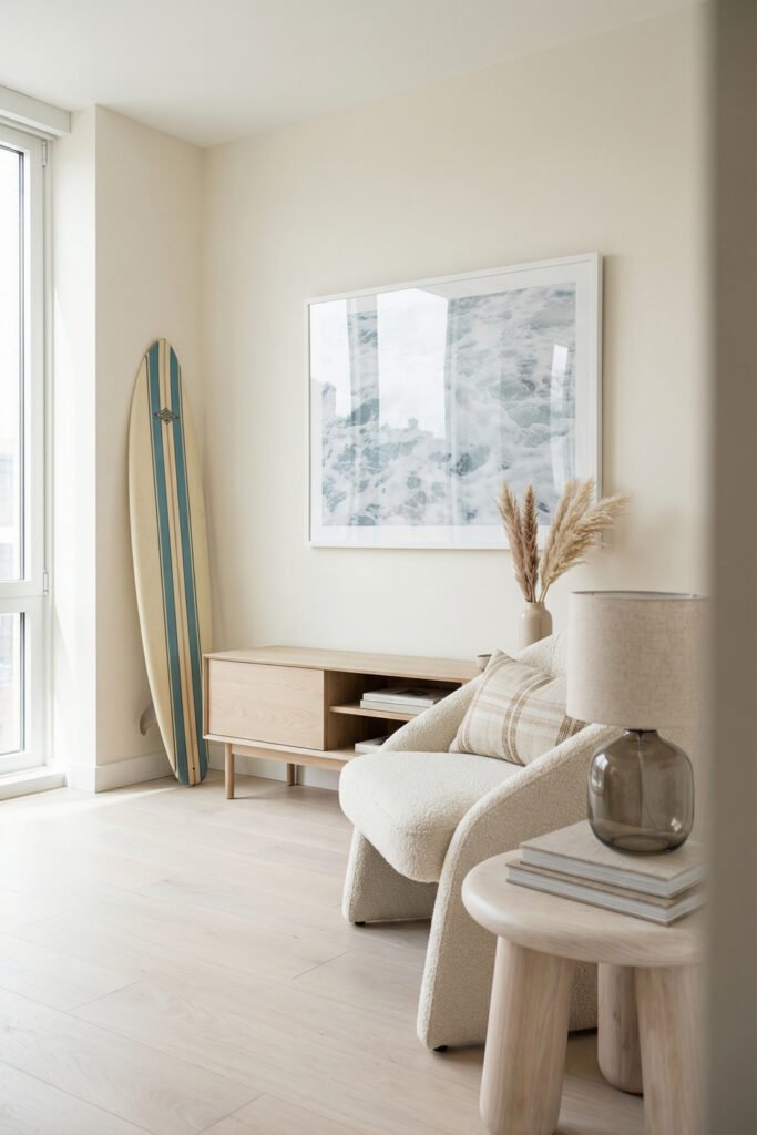 Coastal Summer Aesthetic Ideas for a Breezy Apartment 5 Minimal coastal nook with surfboard decor, pale wood console, boucle chair, pampas stems, and ocean art in a breezy coastal summer aesthetic.