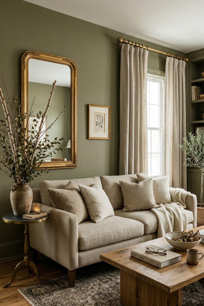 Green And Gold Room Ideas For A Stylish Living Room 6 Muted green wall with large gold mirror, beige sofa, textured pillows, wood coffee table, and warm organic decor.