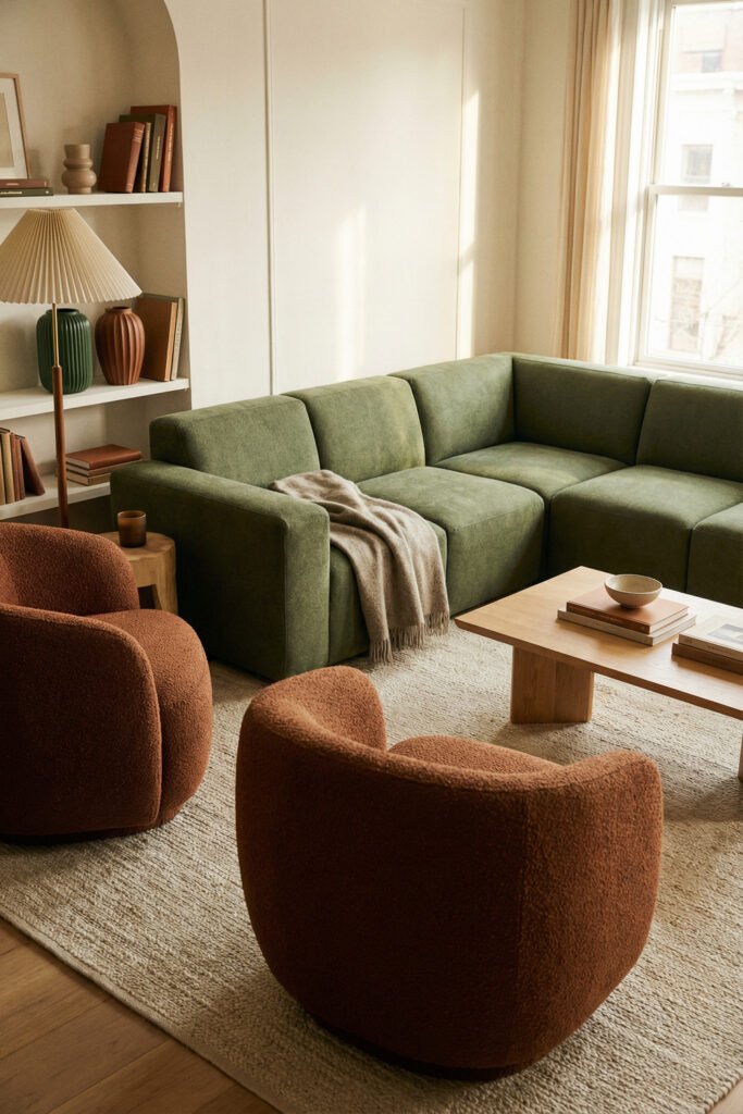Cozy green and rust living room with a green sectional, rust boucle chairs, floating shelves, wood coffee table, and soft natural light.
