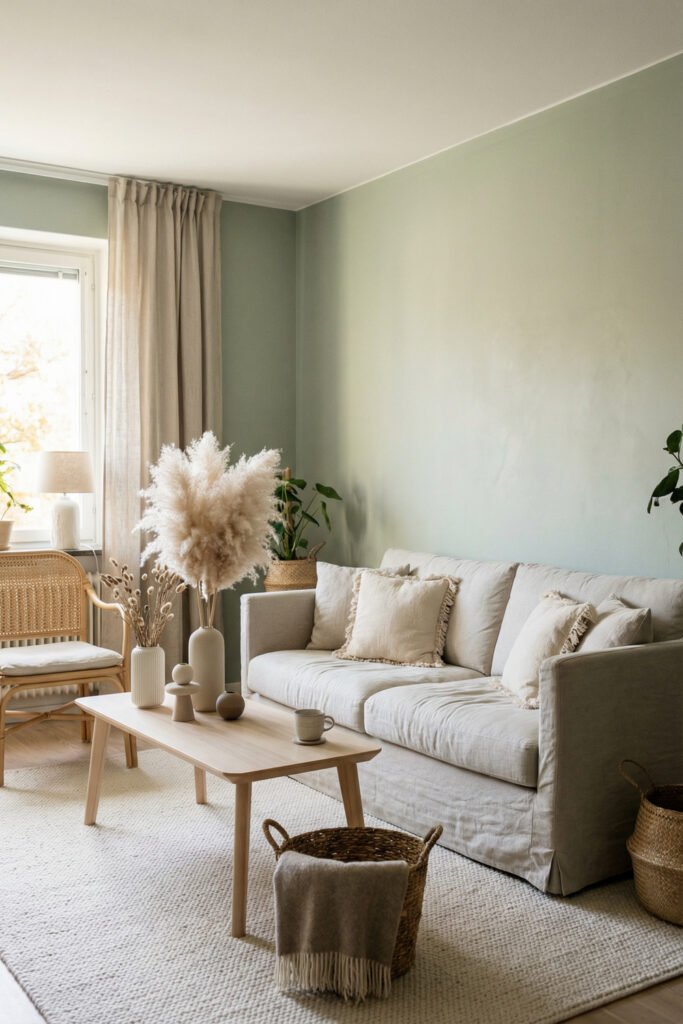 Green Boho Living Room Ideas With Relaxed Style 6 Calm green boho living room with pale mint wall, cream sofa, pampas decor, woven chair, pale wood table, and soft neutral layers.