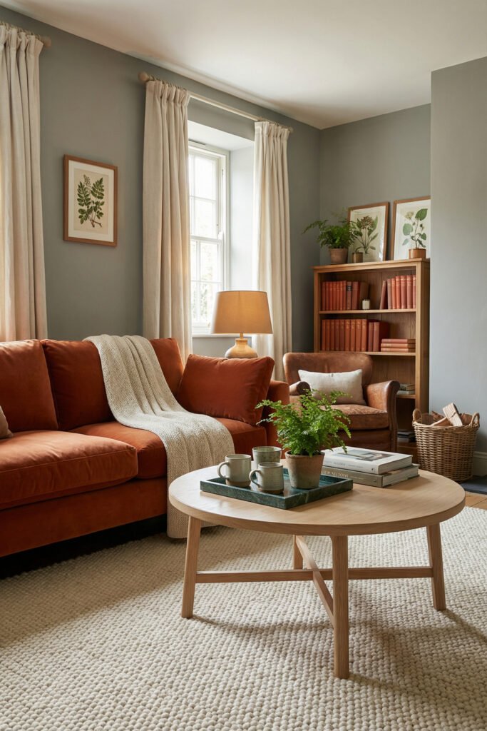 Green Burnt Orange Living Room Ideas With Rich, Easy Style 5 Burnt orange sofa with gray green walls, round oak coffee table, bookshelf and warm lamp styling in a cozy green burnt orange living room