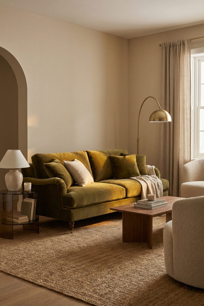 Olive Green Decor Ideas For A Layered Living Room 6 Olive green sofa under a brass arc lamp with beige curtains, glass side table, boucle chair, and wood coffee table in a warm neutral living room.