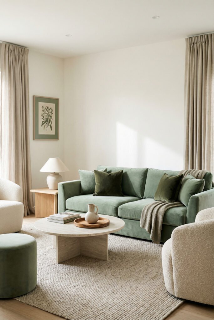 Sage Green Lounge Ideas for a Calm, Collected Living Room 5 Airy sitting room with pale sage sofa, boucle chairs, round coffee table, neutral rug, and soft drapery in a calm, collected green palette.